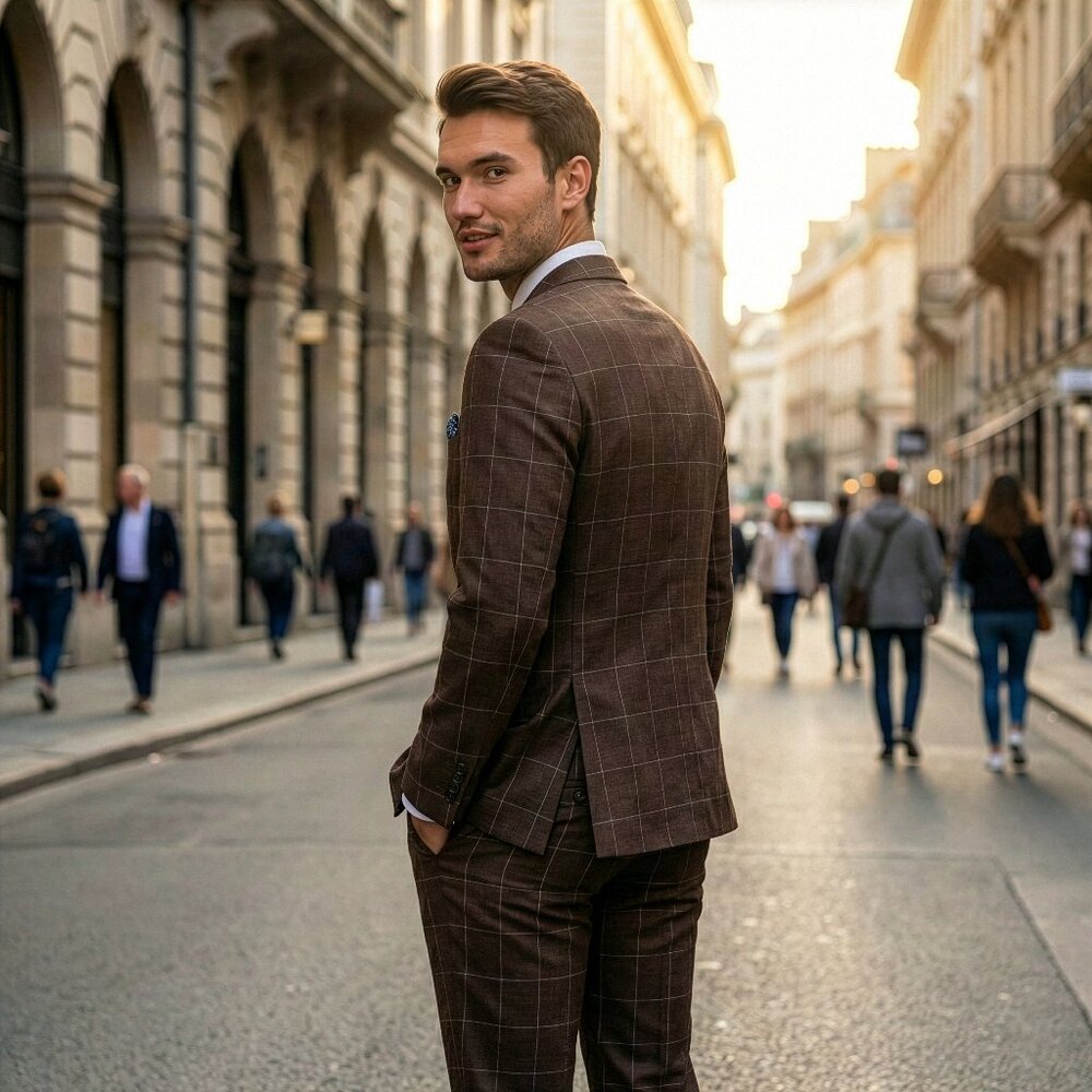 New 2026 Mens 3pc Windowpane Brown Suit Set, Hybrid Fit (H2) - Picture 3 of 3
